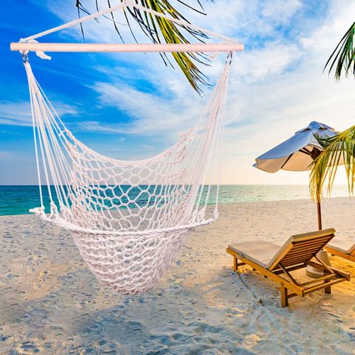 Two Cotton Rope Hanging Chairs In Beige Color Two Cotton Rope Hanging Chairs In Beige Color