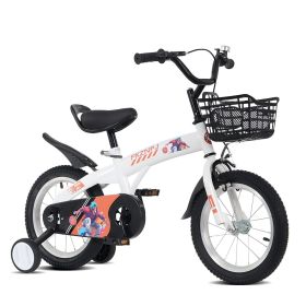 18 inch sporty kids bike with training wheels and stand Adjustable saddle Suitable for boys and girls aged 5-10 years tall Height 39-49 inches (Material: Iron+Plastic, Color: White)